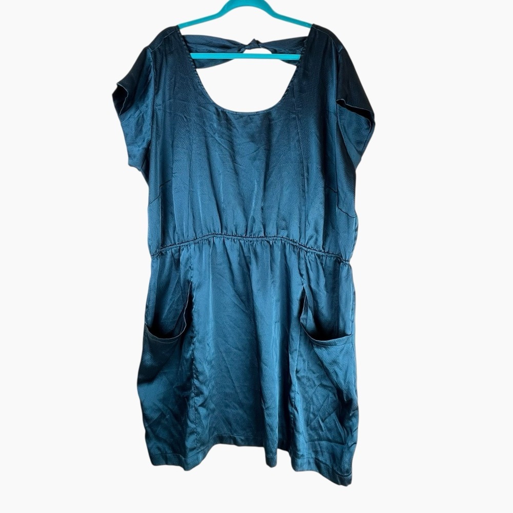 Lys Teal Blue‎ Satin Party Dress Plus Sz 26W Stretch Waist Pockets Short Sleeve